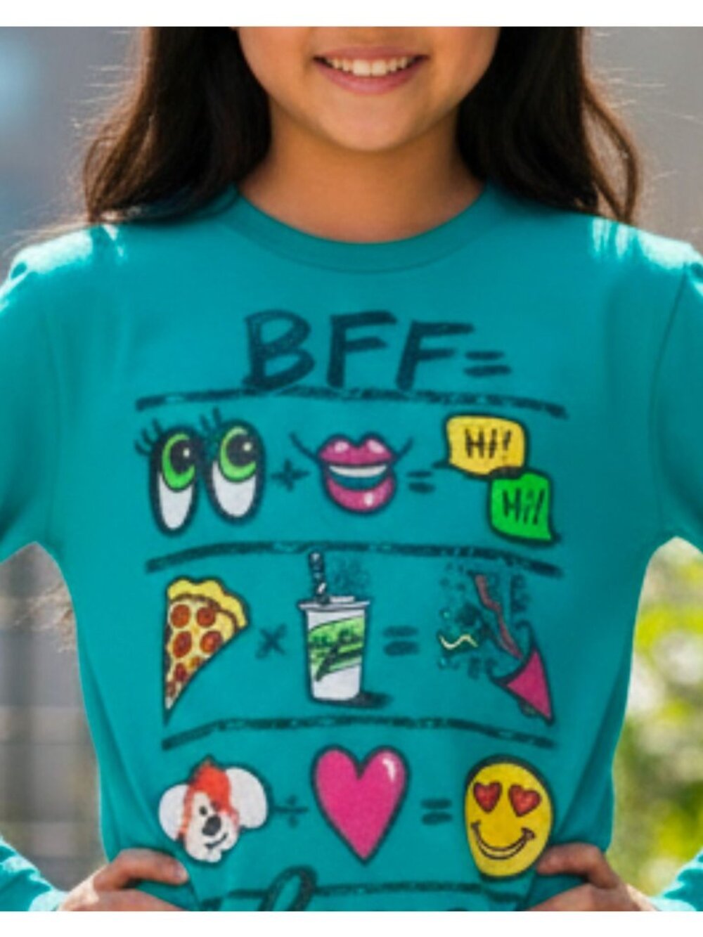 Hanes Girls Green Long Sleeve Graphic Tee With "BFF Love" Emoji Design Soft Rayo - Picture 5 of 8